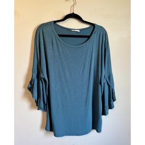 a.gain Women's Teal Blue 3/4 Ruffle Sleeve Pullover Top Size L